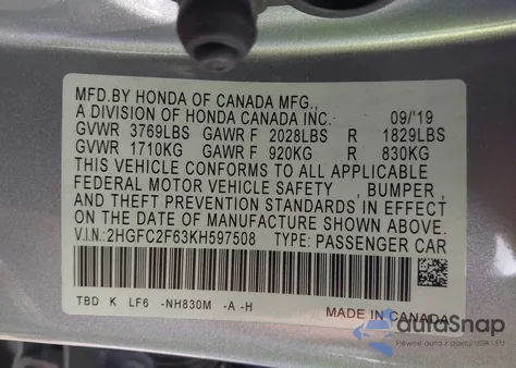 2019 Honda Civic Lx z USA, uszkodzony, nr VIN 2HGFC2F63KH597508